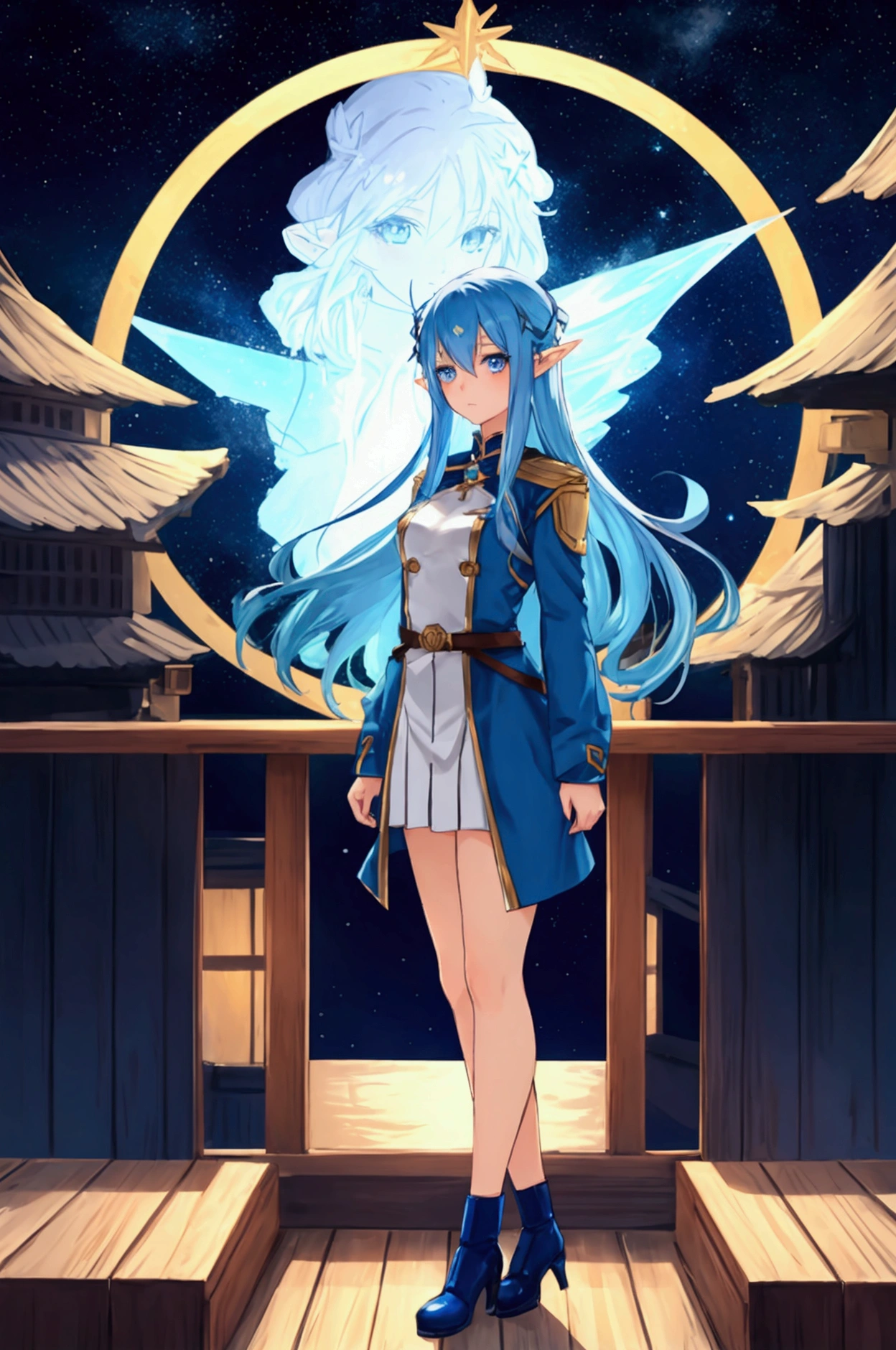 anime elf woman. Blue hair, blue eyes. She is standing on the deck of a ship. There are stars in the beautiful night sky. She is wearing a modest uniform.
