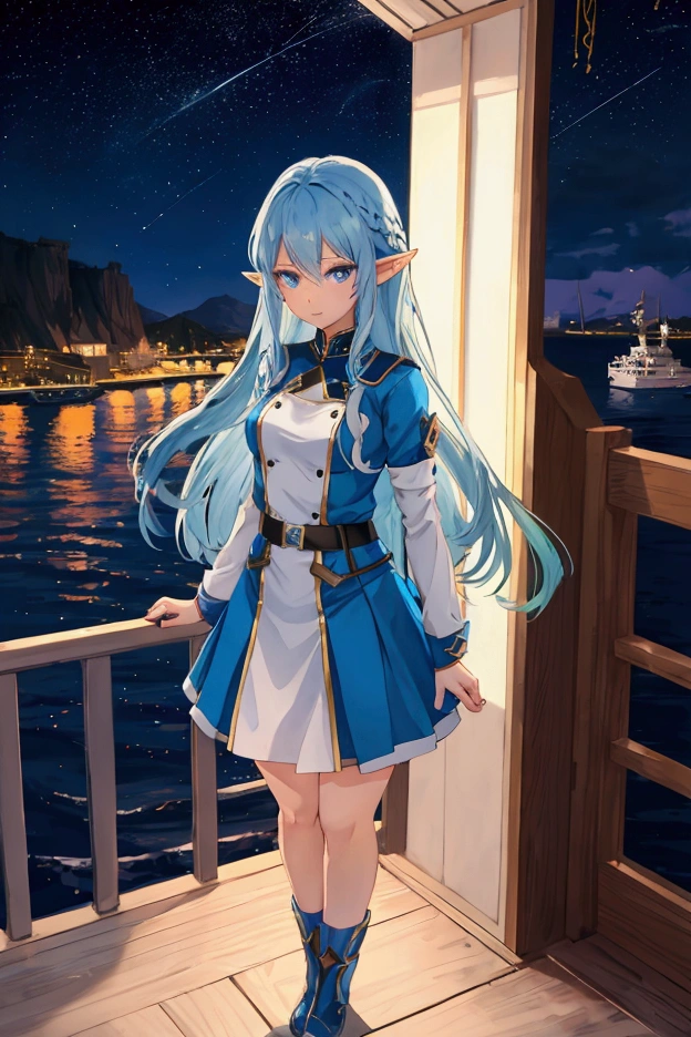 anime elf woman. Blue hair, blue eyes. She is standing on the deck of a ship. There are stars in the beautiful night sky. She is wearing a modest uniform.