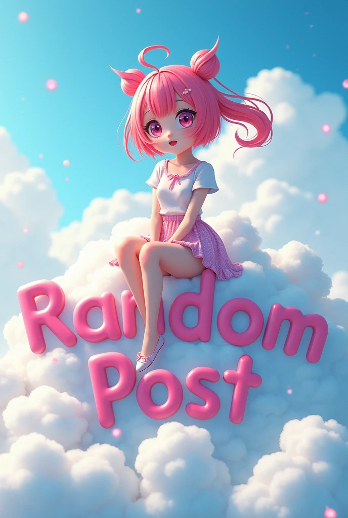 Make a Picture in an environment in the clouds with light blue sparkles with the text Random Post with a big anime girl sitting on the letters 