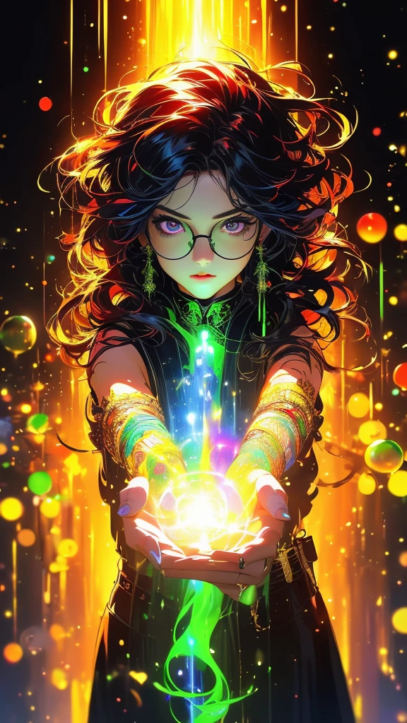cinematic portrait of 1 girl, the wizard of oz, wearing a black cloak, top hat, shirt, round green glasses, belt, pants, rings, earrings, with curly burgundy hair, set in a green color spectrum with mystification effect, green magic fog, vibrating air, abnormal tension, (double exposure effect: background in the foreground white background on a dark background), hyperrealistic character, (Sumi 1.1 liquid ink drawing), dark rich colors, (high quality digital oil 1.1), luminescent neon outlines, complex and multi-layered design, white background, double exposure - step by step exposure by layers, VFX, cinematic lighting, vibrant colors, photorealistic, concept art style, (best quality,4k,8k,highres,masterpiece:1.2),ultra-detailed,(realistic,photorealistic,photo-realistic:1.37),HDR,UHD,studio lighting,ultra-fine painting,sharp focus,physically-based rendering,extreme detail description,professional,vivid colors,bokeh
