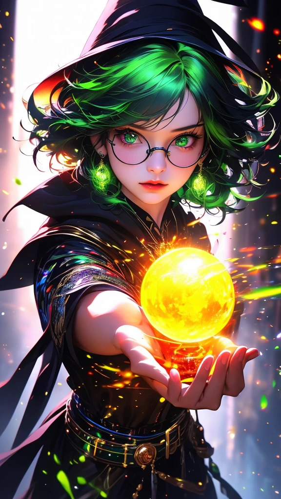 cinematic portrait of 1 girl, the wizard of oz, wearing a black cloak, top hat, shirt, round green glasses, belt, pants, rings, earrings, with curly burgundy hair, set in a green color spectrum with mystification effect, green magic fog, vibrating air, abnormal tension, (double exposure effect: background in the foreground white background on a dark background), hyperrealistic character, (Sumi 1.1 liquid ink drawing), dark rich colors, (high quality digital oil 1.1), luminescent neon outlines, complex and multi-layered design, white background, double exposure - step by step exposure by layers, VFX, cinematic lighting, vibrant colors, photorealistic, concept art style, (best quality,4k,8k,highres,masterpiece:1.2),ultra-detailed,(realistic,photorealistic,photo-realistic:1.37),HDR,UHD,studio lighting,ultra-fine painting,sharp focus,physically-based rendering,extreme detail description,professional,vivid colors,bokeh