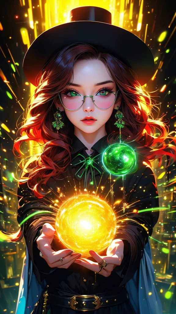 cinematic portrait of 1 girl, the wizard of oz, wearing a black cloak, top hat, shirt, round green glasses, belt, pants, rings, earrings, with curly burgundy hair, set in a green color spectrum with mystification effect, green magic fog, vibrating air, abnormal tension, (double exposure effect: background in the foreground white background on a dark background), hyperrealistic character, (Sumi 1.1 liquid ink drawing), dark rich colors, (high quality digital oil 1.1), luminescent neon outlines, complex and multi-layered design, white background, double exposure - step by step exposure by layers, VFX, cinematic lighting, vibrant colors, photorealistic, concept art style, (best quality,4k,8k,highres,masterpiece:1.2),ultra-detailed,(realistic,photorealistic,photo-realistic:1.37),HDR,UHD,studio lighting,ultra-fine painting,sharp focus,physically-based rendering,extreme detail description,professional,vivid colors,bokeh
