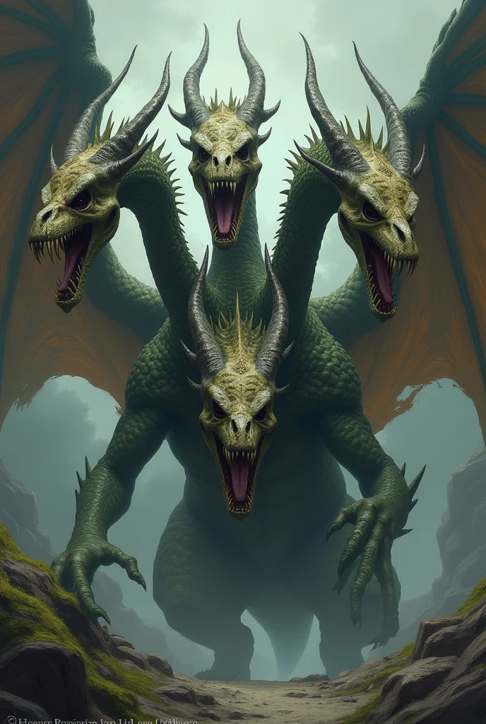 A five headed wingless dragon but all five heads are skulls, D&D style Hyperrealistic, splash art, concept art, mid shot, intricately detailed. Five hydra skull. 
