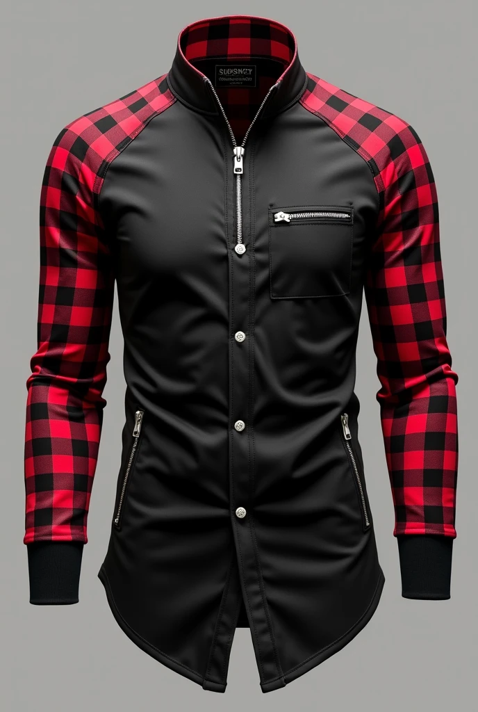 Raglan social shirt, with zipper on top, buttons on the body in the center, part of the hem open without zipper or buttons, with black shirt body, with long sleeves black and red plaid all over, all black rolled up sleeve hem, shirt hem being red and black checkered, large red and black plaid collar, two zippered pockets, One on Each Side, men's fashion