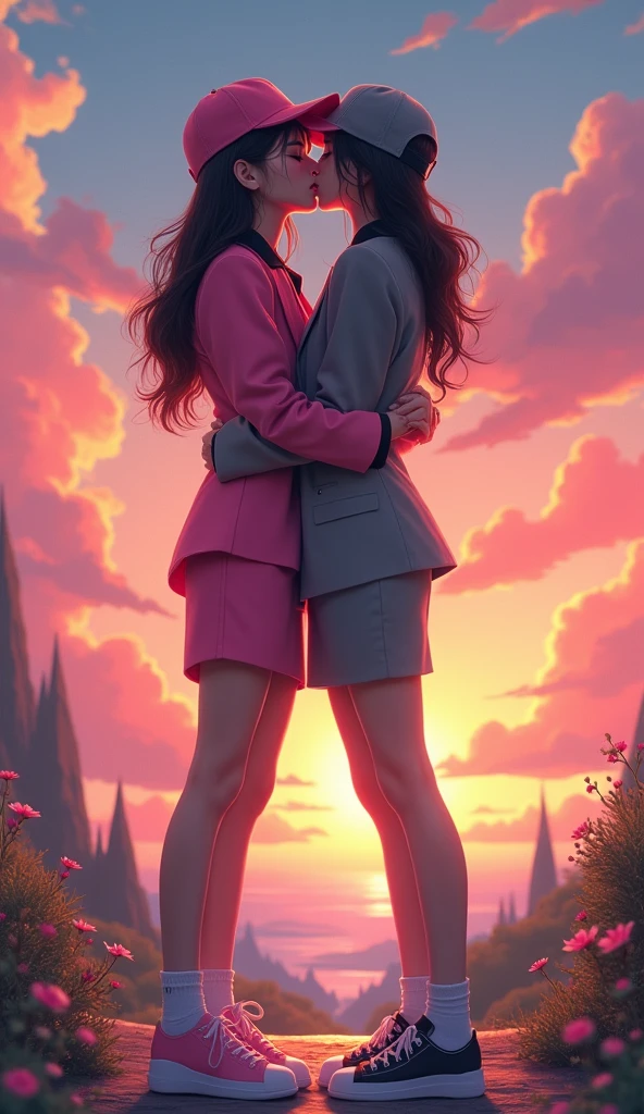 Two girls, long black hairs, yuri,(The first girl wear a pink suit, black shirt, pink cap, pink pencil skirt, black underpants, white socks, pink sneakers), (The second girl wore a grey suit, black shirt, grey cap, grey pencil skirt, black underpants, white socks, grey sneakers), hugging, french kiss, lesbian kissing, closed eyes, looking to the sunset, fantastic sky, novel cartoon, 4K, HD