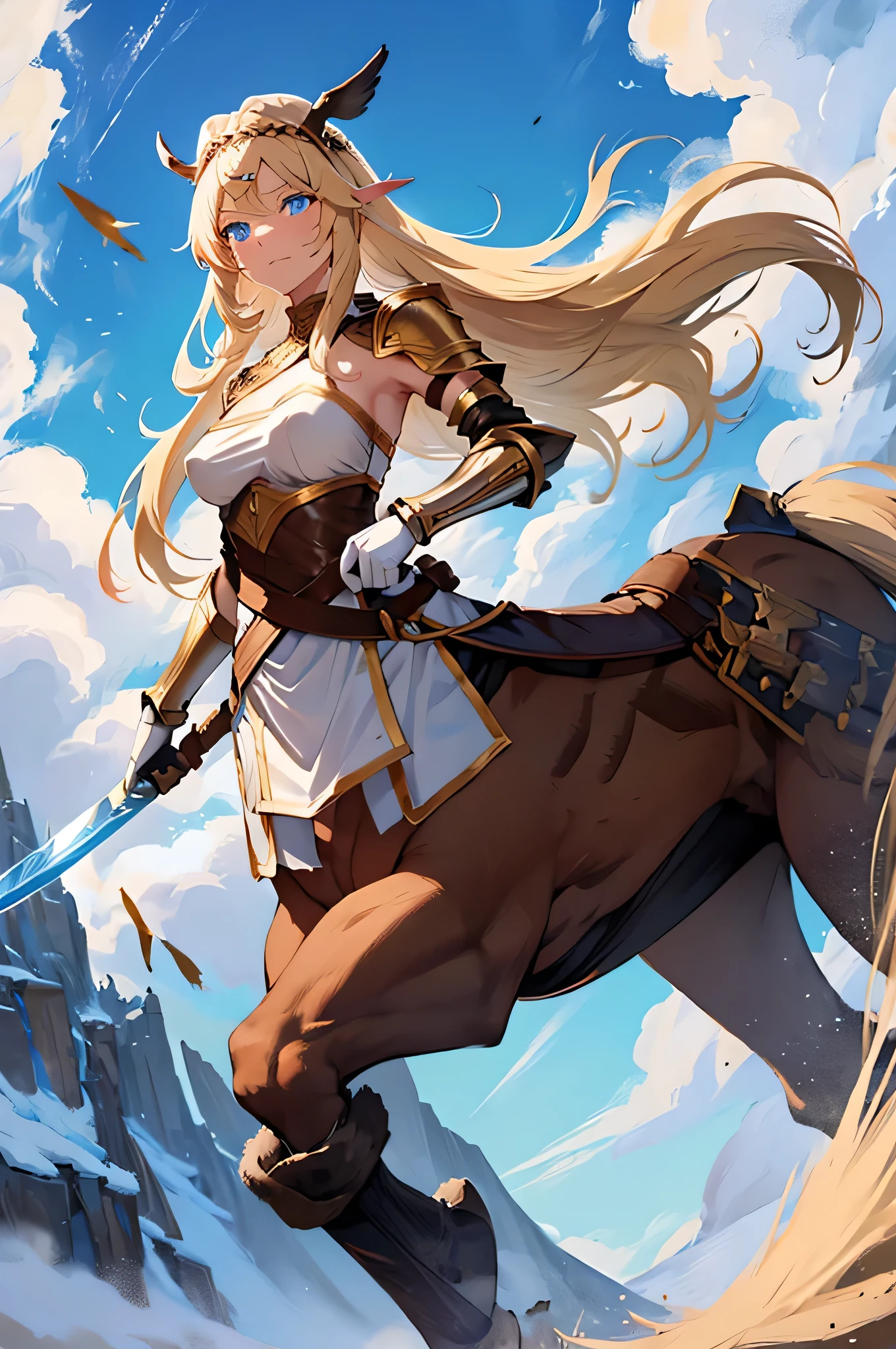 4K,High resolution,One Woman,centaur,Blonde,long hair,Blue Eyes,Brown fur,Valkyrie,White sacred armor,Full Armor,White gloves,Winged headgear,Jewelry decoration,Holy Sword,Temple in the Sky