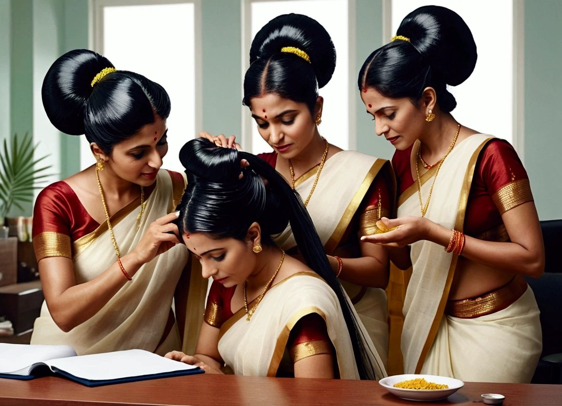 in luxerius office items sorrounded bright lighted modern indian office,three 55 years old eldery indian ladies in sarees as in image prompt,unnatural unreal wiered black big bun hairs like black rounded mountains,ack Hair buns are being oil poured and oil poured and oil poured and millon times oil poured hairs made up in salon exact looking like image prompt,Showered highly wet bun hairs,Drenched and absorbed oil in their hair,like hair flooded with 10000000000000000000000000000000000000000000 liters of oil and soaked in thier hair,hairs like water pulp,Those hairs got pulpted and makes extremely very thick hair lines like black rounded mountains on thier heads,Their hairs got coiled with oilness,Shinning shinning and shinning like black mirrors stating big thick black mountains,one lady sitting in the chair keeping hand on the table, meanwhile other two are trying to rape her hair from behind by kissing the hair, Like they raping kneeled lady' head scalp with kissing wildly,Thease three ladies are oil showered hairs maded into black hair buns goddess,their buns doesn't make with any hair bands,only with the hairs,Due to the straightness and slickness of the hair,their hair lines are highly vissible as in image prompt,and it makes relfrection of the lights with shinning and shinning and shinning like mirrors, Thier elderity and cleverage will be show in their faces,Thier perfect figures are shown in as per image prompt,These hair buns in details should enchance by thousend and more times than in detailes,Sarees colors are exactly as per imahe prompt making shinining,((Perfect color grading))
