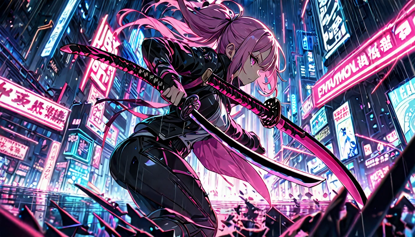 **204. One person。Cyber ninja fighting scene。Neon City。Cowboy shot or close-up。
masterpiece, best quality, ultra detailed (Detailed fingers), (Emotional), (Breathtakingly beautiful),
(main part: 1.2 Whole body。), (Anime Style), (Very detailed), (Fast and sharp movements),
(超High resolution, High resolution), (8k), (High resolution: 1.2), (Complex and beautiful: 1.2)**
- background: Futuristic city with neon lights、City at night with rain。
- Cyber Ninja: Wearing a black suit、Girl with a shining katana。
-pose: While moving at high speed、The moment the katana is swung down on the enemy。
-expression: Calm and focused expression、A ninja's stance blending into the darkness。
- Effects: The glow of the katana and the neon lights intertwine、An effect that emphasizes sharp movements。
-color: Black and neon pink、The contrast between cyberspace and the night city is striking。