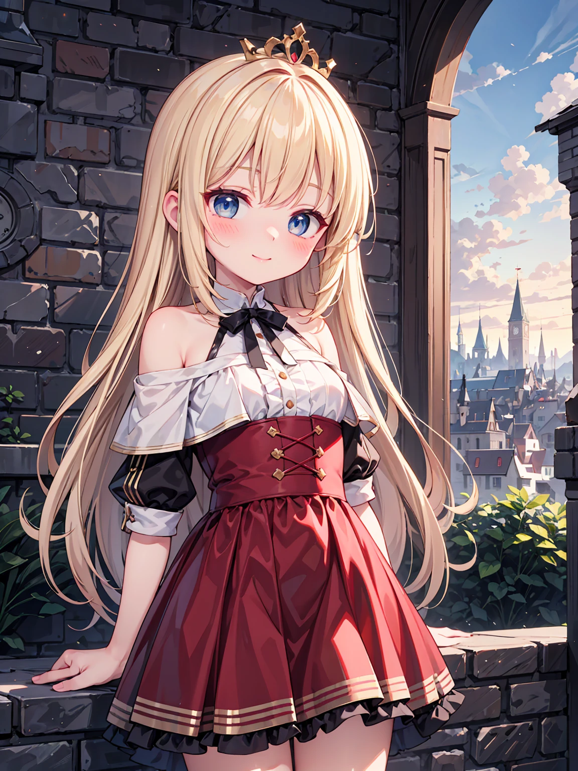 Masterpiece, best quality, high quality, very detailed CG uniform 8k wallpaper, very detailed, very detailed background)), 1woman, princess, long hair, blonde hair, blue eyes, blush, light smile, off shoulder red dress, castle background