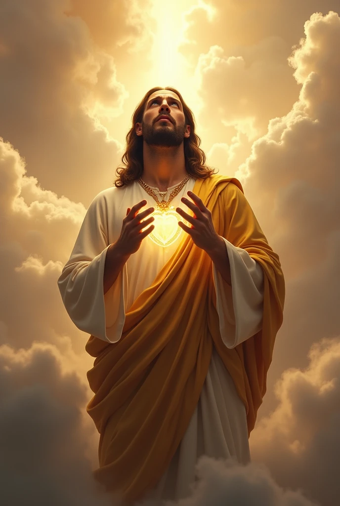 (photorealism:1.2), handsome Jesus Christ, crying while praying in the clouds, wearing gold king clothes with  light in his head and heart spreading all over in the clouds, perfect Jesus Christ, real Jesus Christ, perfect five hands, perfect crying face, elegant, soft lighting, many clouds, stand straight, realistic, intricate details, warm colors, by Earl Cornelio Necor