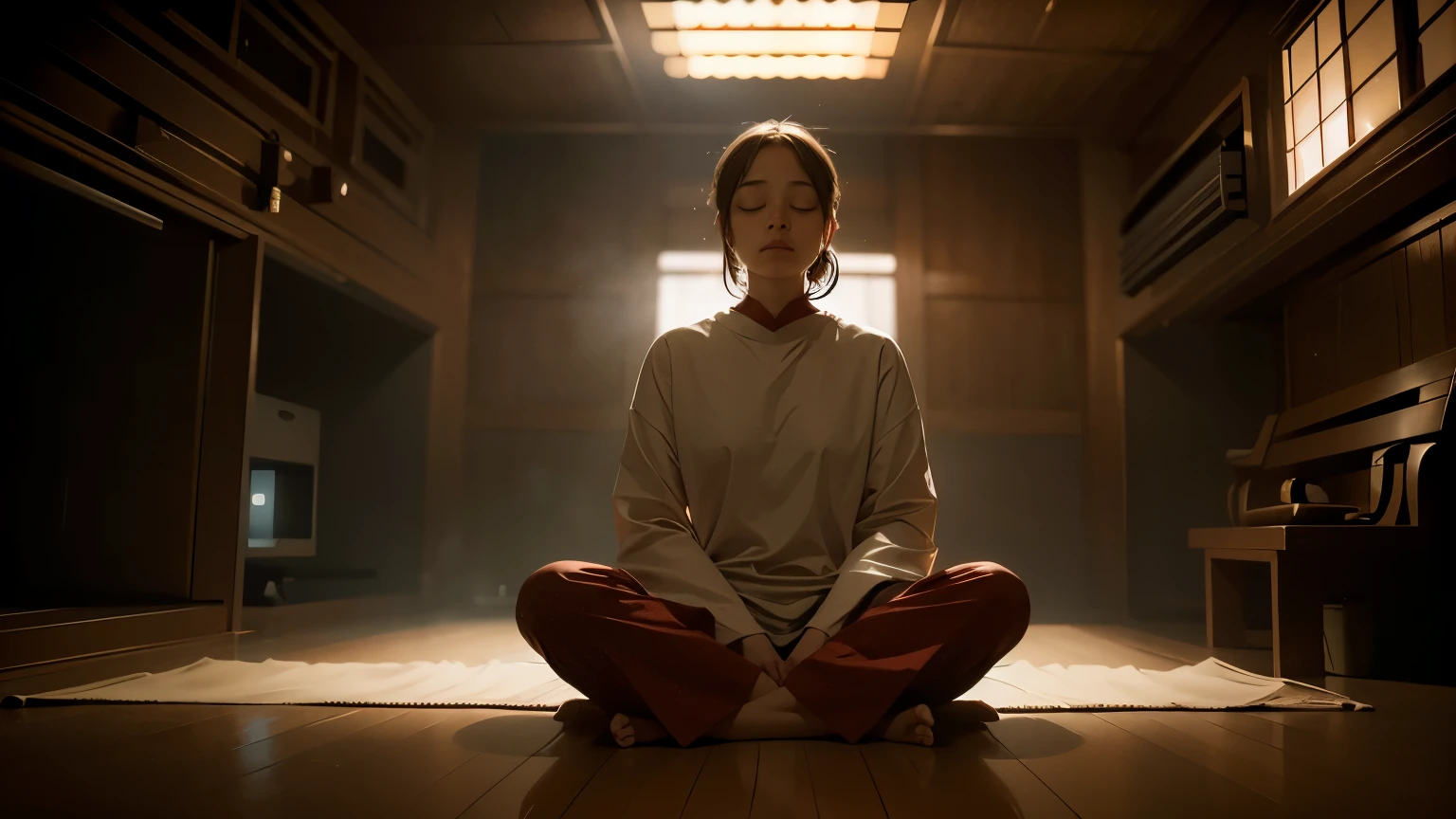 Person meditating. Loose Clothes. feeling of serenity. Background of a fantastic world. cinematic lighting