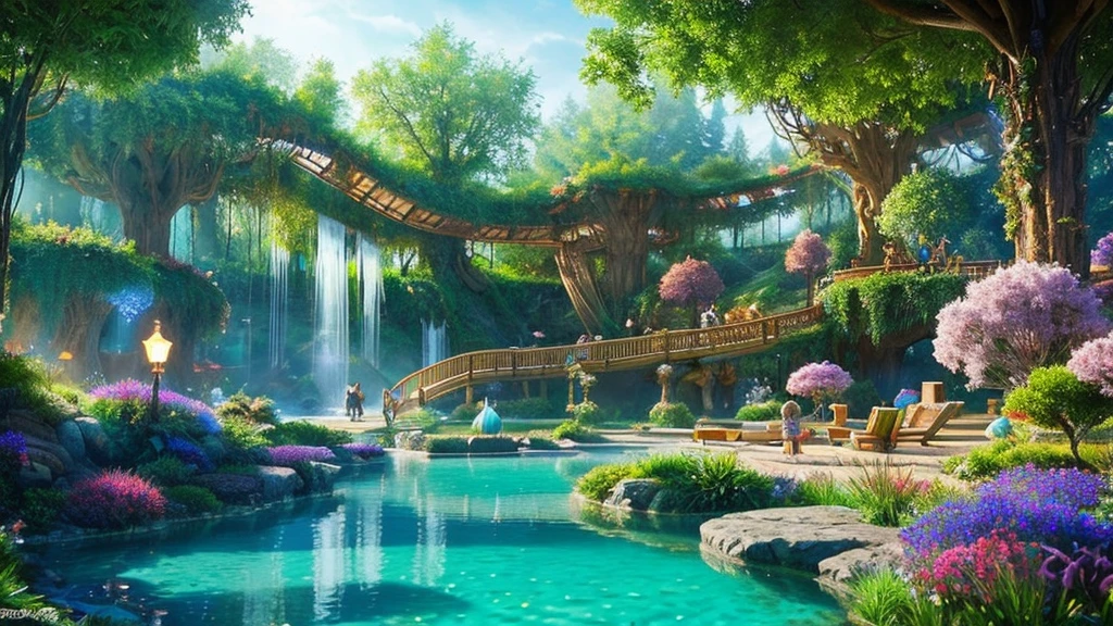 A fantasy water park in the middle of an ancient, enchanted forest. The flumes are made from transparent iridescent crystal, intricately woven and spiraling around giant, towering magical trees. The pools are shimmering, pristine lakes, reflecting the lush greenery and magical atmosphere. The crystal flumes glisten in the dappled sunlight, creating a mesmerizing play of light and color. Visitors, including elves, fairies, and other mystical creatures.