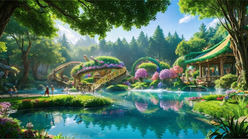 A fantasy water park in the middle of an ancient, enchanted forest. The flumes are made from transparent iridescent crystal, intricately woven and spiraling around giant, towering magical trees. The pools are shimmering, pristine lakes, reflecting the lush greenery and magical atmosphere. The crystal flumes glisten in the dappled sunlight, creating a mesmerizing play of light and color. Visitors, including elves, fairies, and other mystical creatures.