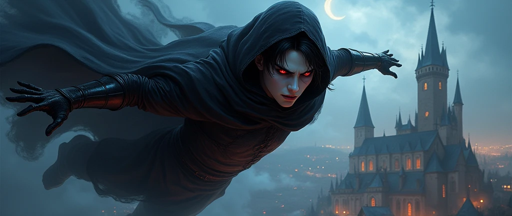 At night, an enchanting adult masculine sorcerer with a fierce demeanor, jet-black short hair framing his pale face, red eyes, clad in a sleek black robe, dark armor, black cape and hood, soars through the sky fastly towards a medieval city far far away. This stunning scene is portrayed in a detailed and lifelike painting, showcasing the wizard's intense furius gaze and the wind whipping through his dark attire. The artist skillfully captures the essence of magic and mystery in this riveting image, drawing viewers into the thrilling journey of a powerful and captivating figure.