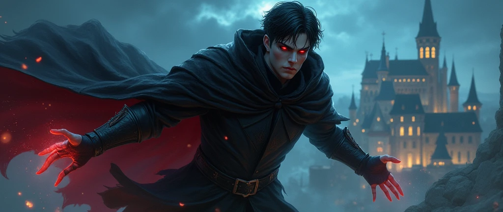 At night, an enchanting adult masculine sorcerer with a fierce demeanor, jet-black short hair framing his pale face, red eyes, clad in a sleek black robe, dark armor, black cape and hood, soars through the sky fastly towards a medieval city far far away. This stunning scene is portrayed in a detailed and lifelike painting, showcasing the wizard's intense furius gaze and the wind whipping through his dark attire. The artist skillfully captures the essence of magic and mystery in this riveting image, drawing viewers into the thrilling journey of a powerful and captivating figure.