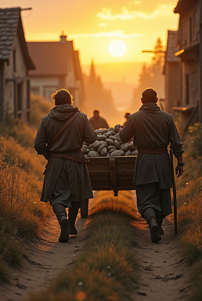 Aujourd'hui, alors que le soleil se levait lentement à l'horizon, baignant le village de Vergerdoux d'une douce lumière dorée, les paysans se rassemblèrent autour de nous, leurs visages marqués par l'inquiétude. Ils avaient besoin de pierres pour réparer les murs de la grange, mais le village n'avait pas de chevaux pour tirer la charrette. La tâche incombait donc à nous, les hommes envoyés par notre maître.
Sans hésiter, nous acceptâmes la mission, conscients de l'effort monumental qui nous attendait. Nous prîmes une charrette en bois, robuste mais lourde, et nous nous dirigions vers la carrière, située à plusieurs kilomètres à l'extérieur du village. En regardant la charrette, nous réalisâmes que ce serait un véritable défi de la tirer à travers les chemins cahoteux et les collines escarpées qui nous séparaient de notre destination.
Au début, le travail semblait presque insurmontable. Nous nous positionnâmes chacun d'un côté de la charrette, nos mains se crispant sur le bois usé alors que nous faisons prendre notre élan. Les premiers mètres furent épuisants. La charrette, chargée de pierres, pesait lourdement sur nos épaules. Nous poussions de toutes nos forces, nos muscles se tendant, la sueur perlant sur nos fronts.
« Allez, les amis ! » cria Thomas, essuyant son front d'un revers de main. « Nous pouvons le faire ! Pensez aux villageois qui comptent sur nous ! » Ses mots résonnèrent dans nos cœurs, ravivant notre détermination. Nous synchronisâmes nos efforts, avançant en rythme, respirant profondément pour surmonter la fatigue qui commençait à nous envahir.
Chaque pas était une lutte contre la gravité et la pesanteur de la charrette. La route, parsemée de débris et de bosses, compliquait encore notre tâche. Nous rencontrâmes des montées abruptes qui semblaient interminables, et à chaque fois que nous pensions avoir atteint le sommet, une nouvelle pente nous attendait. Nos jambes brûlaient, nos bras étaient meurtris, mais nous ne pouvions pas abandonner. L’e