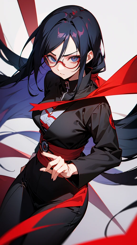 An adult anime character, hair long black, blue colored eyes, Rectangular red glasses, with sarada uchiha&#39;s clothes,From Red Jump,In a sexy pose sitting on a bar table , blue colored eyes, hair long black 