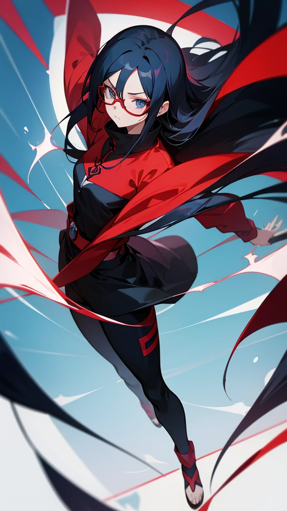 An adult anime character, hair long black, blue colored eyes, Rectangular red glasses, with sarada uchiha's clothes,From Red Jump,In a sexy pose sitting on a bar table , blue colored eyes, hair long black