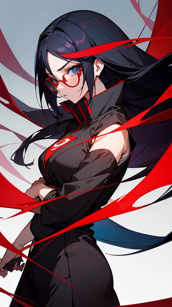 An adult anime character, hair long black, blue colored eyes, Rectangular red glasses, with sarada uchiha&#39;s clothes,From Red Jump,In a sexy pose sitting on a bar table , blue colored eyes, hair long black 