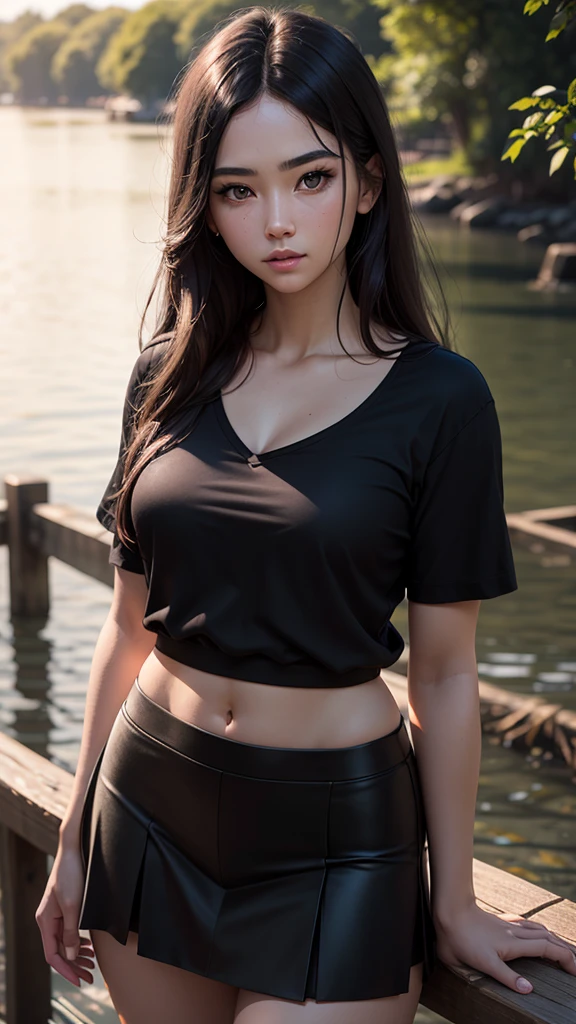 RAW, professional photograph, medium shot, photorealistic, hyper-realistic, ray tracing, super detail, UHD, 8k, female, twenty years old, goddess, athletic body, soft facial features, black hair, long hair, straight hair, black eyes, pink blouse, black skirt, old wooden bridge