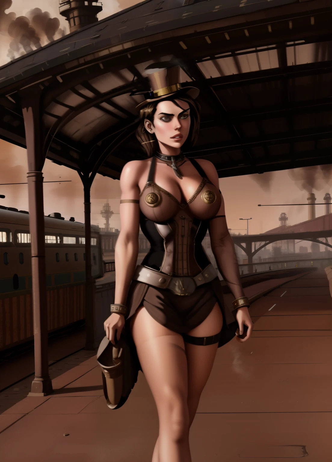 1 girl, aviator hat , solo, steam punk, train station, , steam, smoke, masterpiece, highly detailed,HDR,8k resolution, best quality,