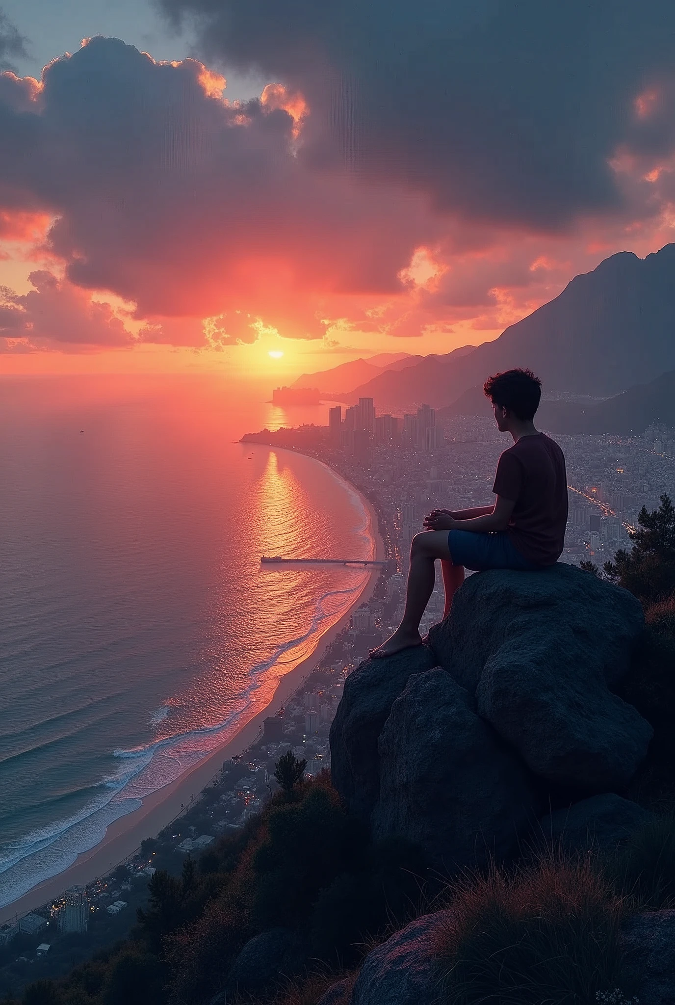 create an image for me, a boy sitting on a mountain facing a city being built on the sea side. with a contrast between sunset and night