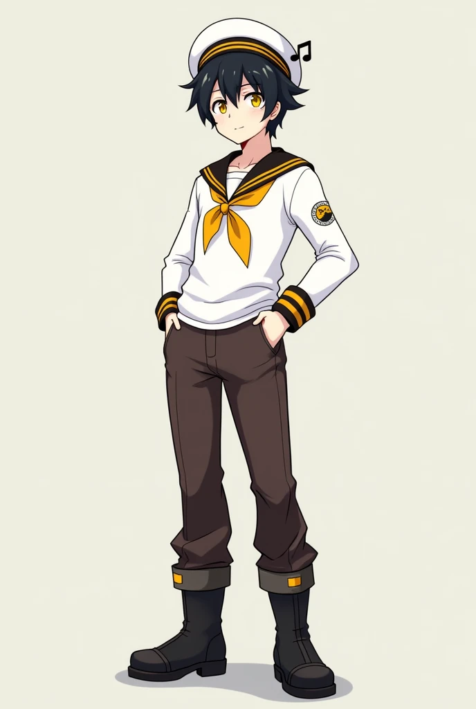 I want a full body image of a young, male anime character around 25 years old, The character is a sailor with glasses, black hair and white skin., The color of his eyes is yellow, wears a sailor hat with a musical note, a white sea captain's uniform, The color palette of the uniform is white with yellow, His pants are dark brown and he wears black boots.
