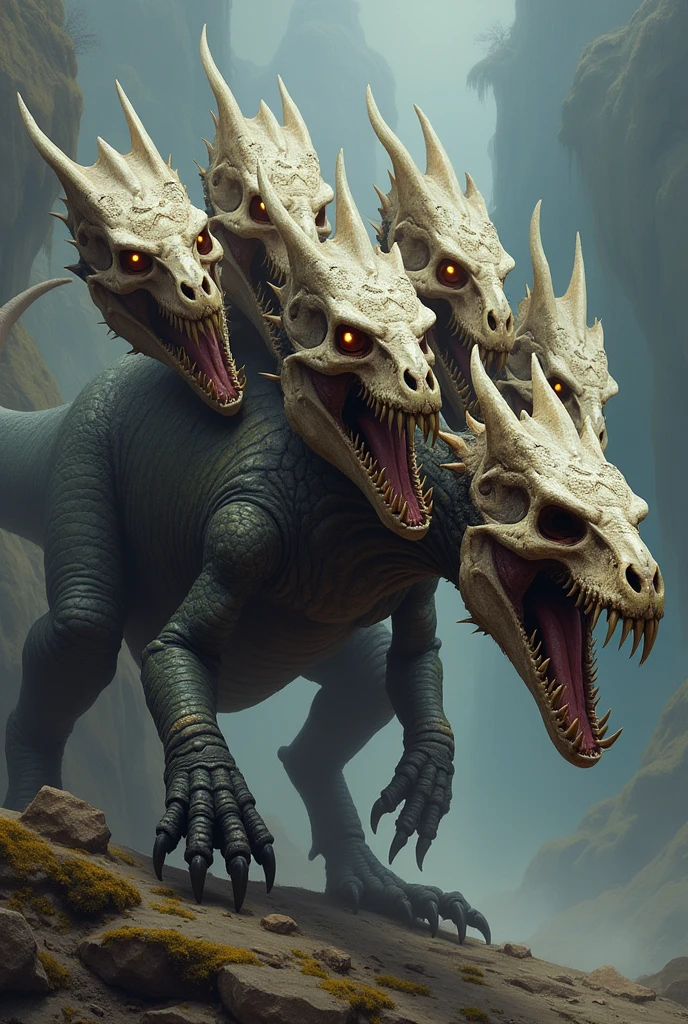 A five headed dinosaur but all five heads are skulls, D&D style Hyperrealistic, splash art, concept art, mid shot, intricately detailed. Five hydra skull. 