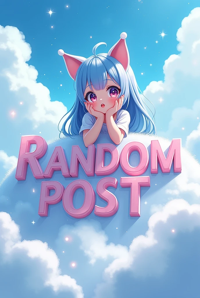Make a Picture in an environment in the clouds with light blue sparkles with the text Random Post with a big anime girl sitting on the letters