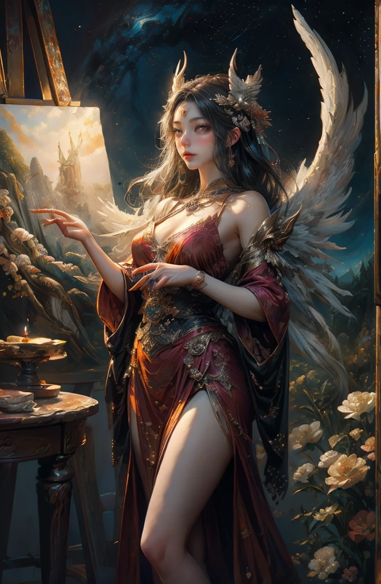 (Tabletop, Highest qualityの, (((((woman)))))、Highest quality, Official Art, (beautifully、beautiful:1.4), (Oil painting:1.4) ),((male)) (lucifer), God of Japanese God Stories々々, fleeting beauty, A mysterious god illuminated by the starry sky, Winged Angel、god'Grace, Calm and thoughtful expression, Flowing Heavenly Robe, Dazzling silver stars light up the night view, Dance of shadows and lights, Whispers of Ancient Legends、Very slender、