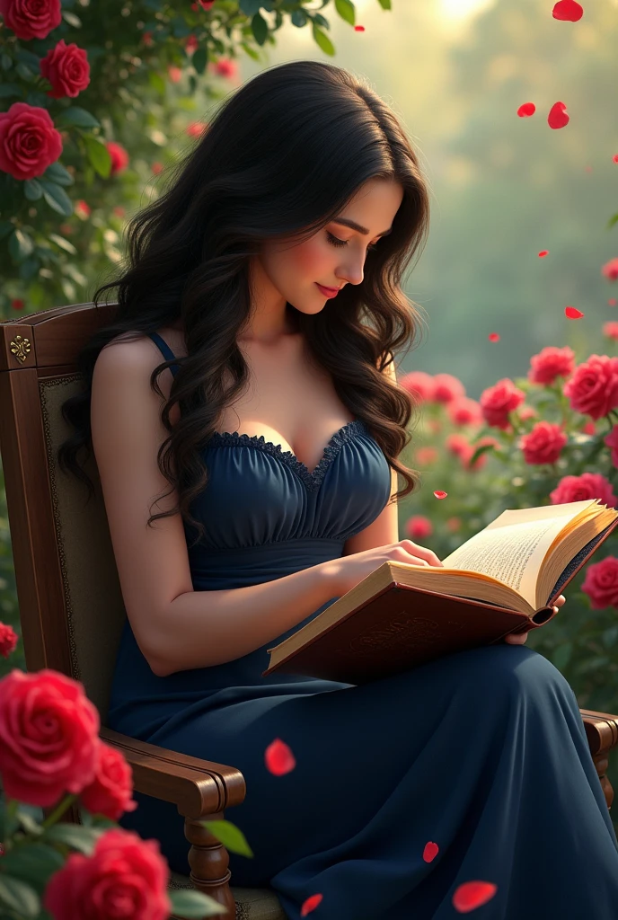 A chubby woman with long, wavy black hair, wearing a navy blue dress while reading a romance book in a red rose garden