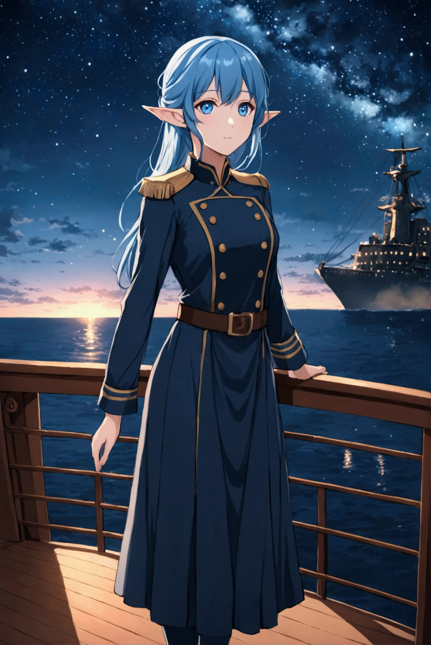 anime elf woman. Blue hair, blue eyes. She is standing on the deck of a ship. There are stars in the beautiful night sky. She is wearing a modest uniform.