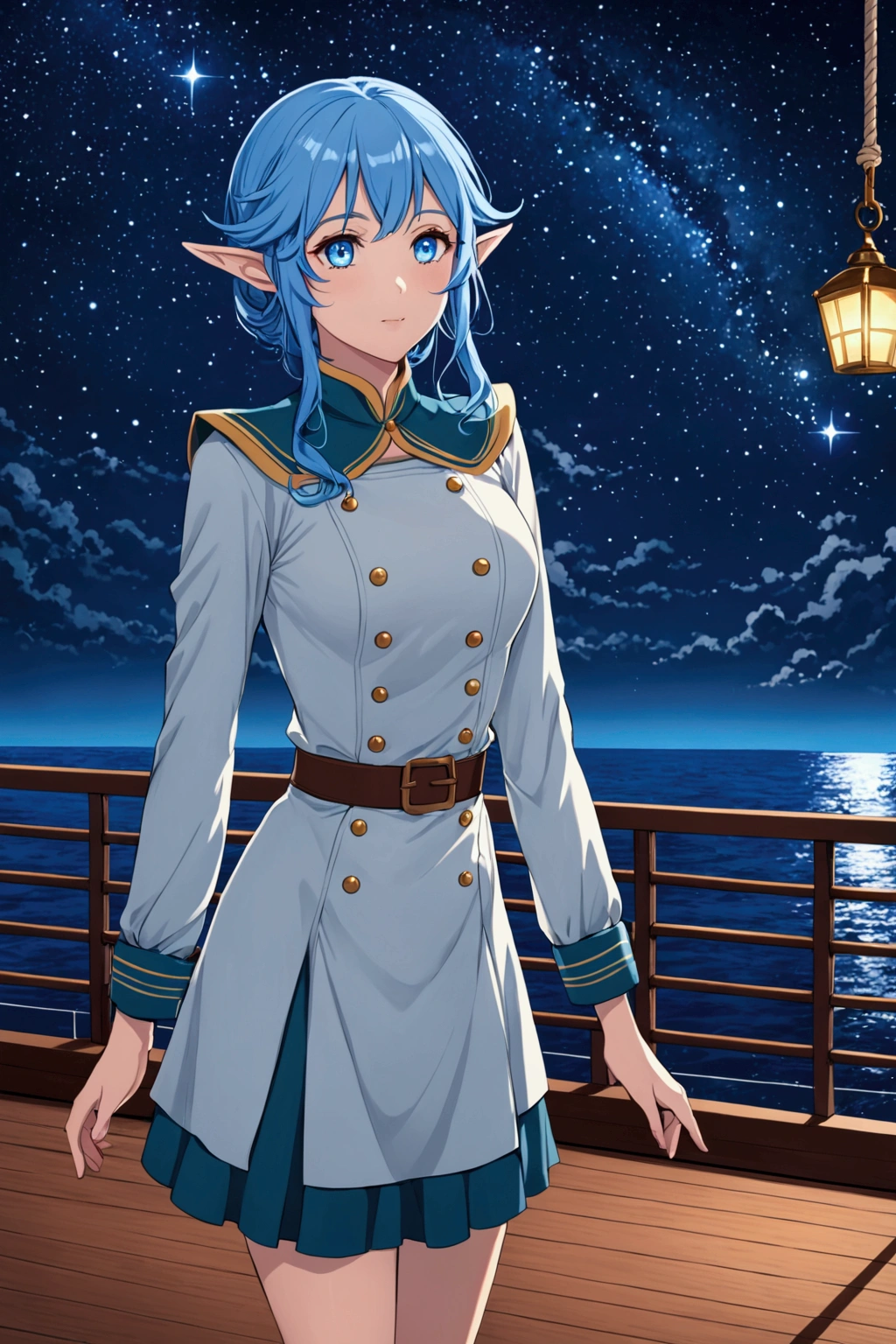 anime elf woman. Blue hair, blue eyes. She is standing on the deck of a ship. There are stars in the beautiful night sky. She is wearing a modest uniform.