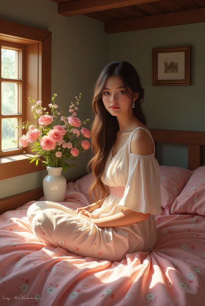 girl sitting on the floor, Shiny brown hair, beautiful detailed eyes, Serene smile, peaceful expression, Delicate facial features, Cross-legged pose, surrounded by pillows and cushions, soft ambient lighting, Cozy atmosphere, unique patterned carpet, intricate details on the carpet,Boho-chic style, bright colors, a book, lying next to her, Floral Print Dress, natural sunlight, flowing through the window, vintage room decor, wooden floor, a small plant in a pot in the corner, a cup of steaming tea on a bedside table, A light breeze sways the curtains, art painting on the wall, peaceful and contemplative mood, high resolution painting with rich textures and brush strokes, Atmospheric lighting, A magical and dreamy atmosphere.