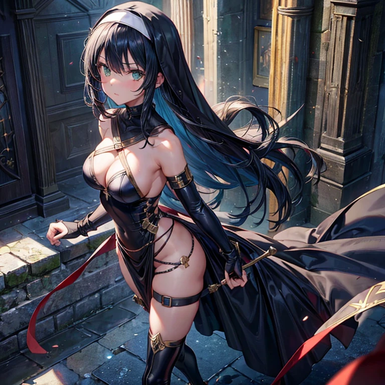 1a girl, Nun, warrioress, sensuous, blackquality hair, greeneyes, walking, em uma igreja, sample thighs, waist sample, opening neckline, bridal gauntlets