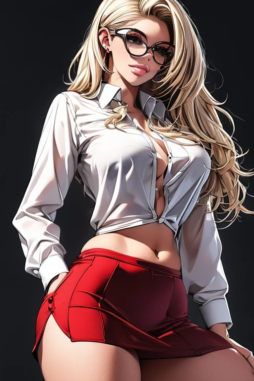 A photo of a busty blond haired girl, (wearing a white transparent shirt and red miniskirt), sexy, glasses, secretary, hot, sexy pose, 18 years old, lascivious look