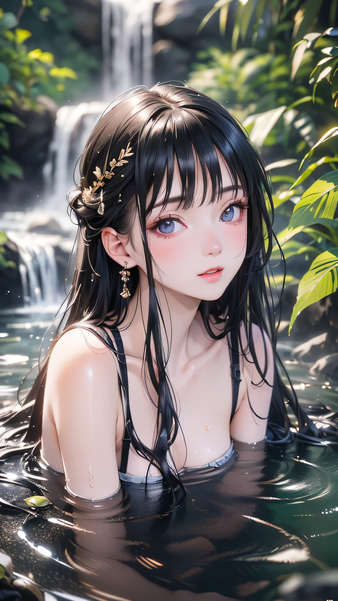 (8k、Photorealistic、RAW Photos、Highest quality: 1.4)、Very beautiful girl happily bathing near a clear and cool waterfall、Pink Skin、blue eyes、Black Hair、Detailed face、Detailed body、(Beautifully detailed face), (Beautiful attention to detail),realistic model、highly detailed natural landscape、CGI 8K resolution  