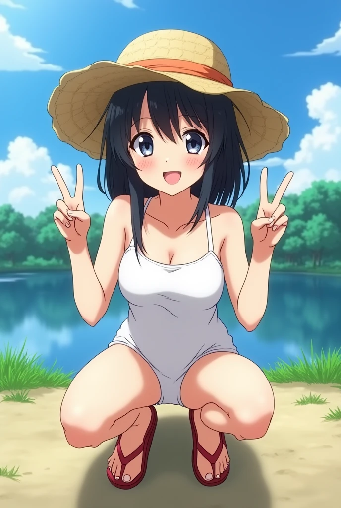 (((masterpiece))), Highest quality,Visual image of the anime, Perfect Anatomy, One Girl, 10 years old, Boyish, Small breasts, Black Hair, Berry Short, (Sunburn), (Swimsuit Mark), white one-piece dress ,Straw hat, Red sandals, Squat,smile, Summer sky, River side, Japanese countryside, Cinema Lighting, Beautiful attention to detail,sunlight, Composition from the front, Top View, Peace sign with both hands
