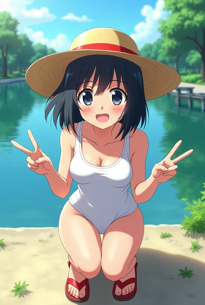 (((masterpiece))), Highest quality,Visual image of the anime, Perfect Anatomy, One Girl, 10 years old, Boyish, Small breasts, Black Hair, Berry Short, (Sunburn), (Swimsuit Mark), white one-piece dress ,Straw hat, Red sandals, Squat,smile, Summer sky, River side, Japanese countryside, Cinema Lighting, Beautiful attention to detail,sunlight, Composition from the front, Top View, Peace sign with both hands