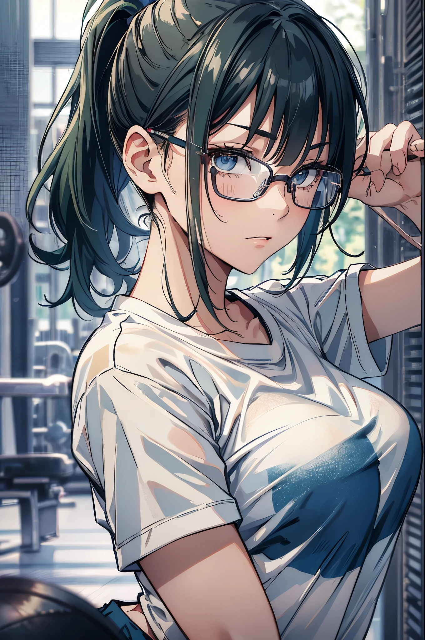 zenin_maki,ponytail,glasses,bangs,green hair,brown eyes,large breasts,slender,(white gym shirt, short sleeve,gym uniform,dark blue buruma:1.3),(upper body:1.3), embarrassed ,blush,masterpiece,Noise Reduction,perfect anatomy,high resolution, ultra-detailed, ultra-detailed face,game cg,dutch angle ,beautiful detailed eyes,visualart,five fingers, perfect hands, perfect lighting, sparkling pupils,