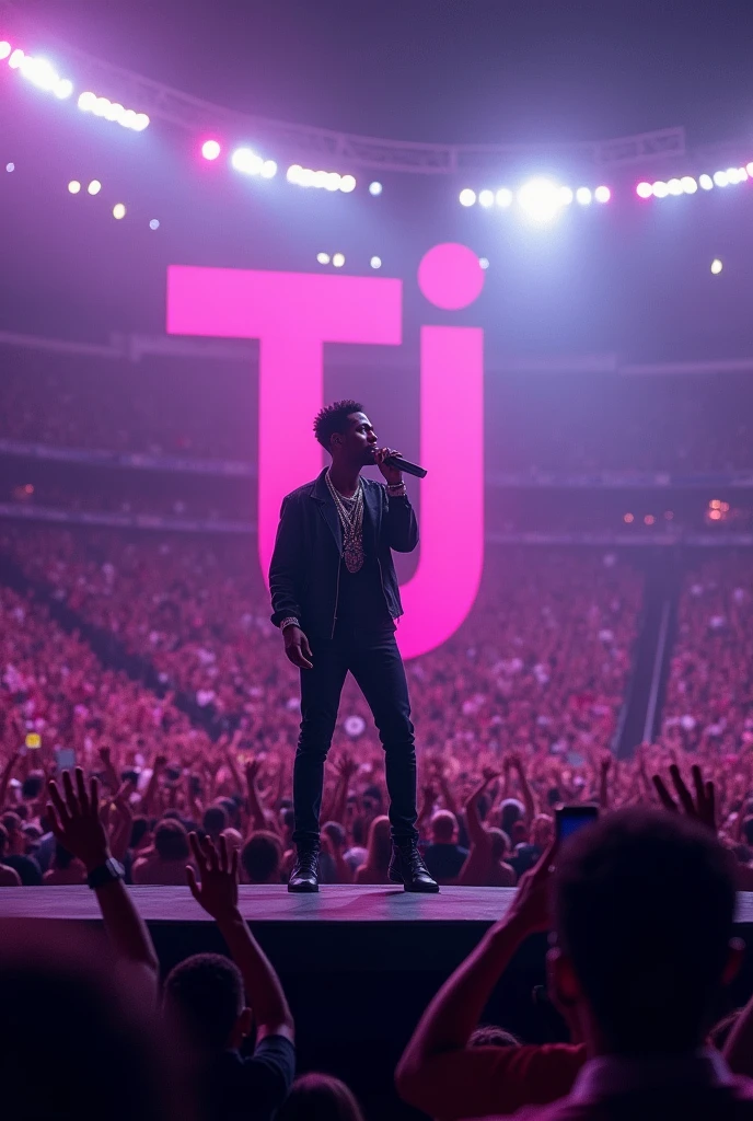 Afro male singing on a mic in a stadium filled with people with the word Tj Purple boldly written on the Background