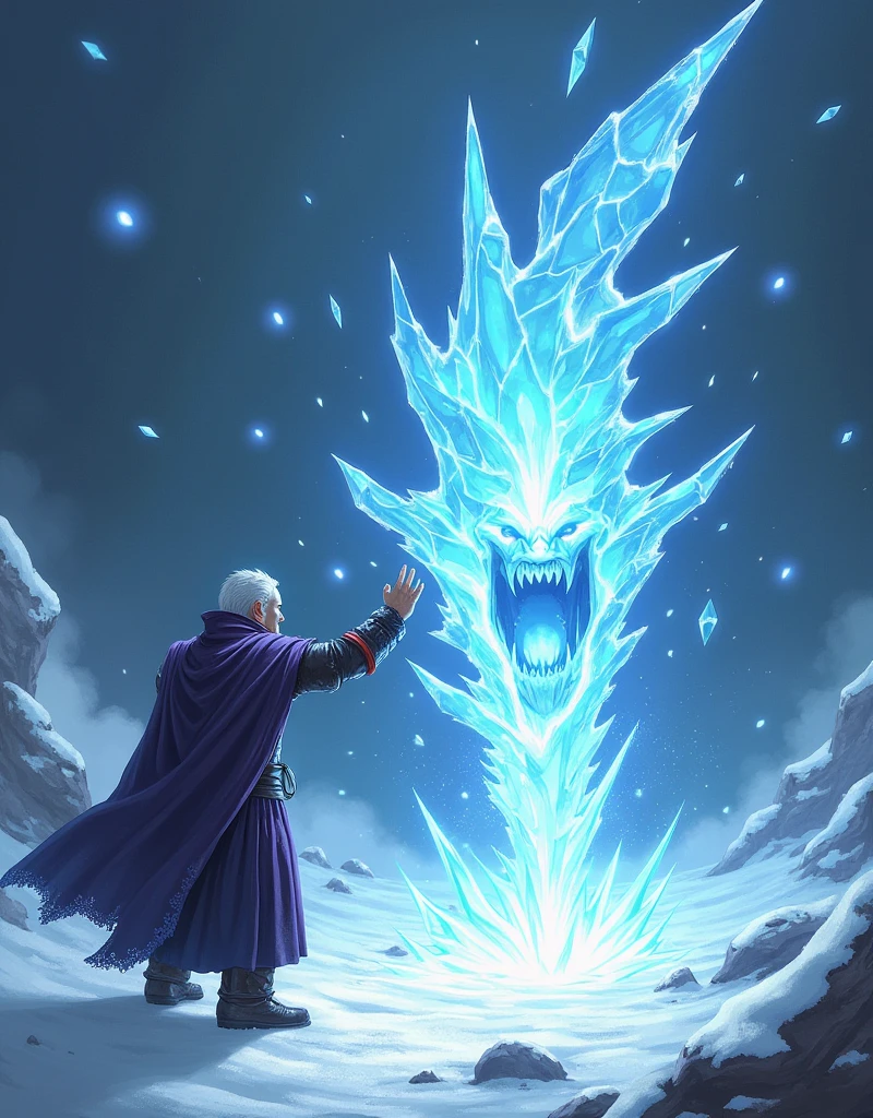 Create an illustration of a powerful ice spell in action. A mage stands with one hand raised, conjuring a sharp fragment of ice that hovers in the air, glowing with a cold, bluish light. The shard of ice is detailed with jagged edges and frost patterns, ready to be launched. The background suggests a cold, wintry environment with snowflakes swirling around. The target, a menacing creature within range, is in the mage's line of sight, its expression showing fear or determination as it faces the incoming ice shard. The scene is dynamic, capturing the moment just before the ice is unleashed