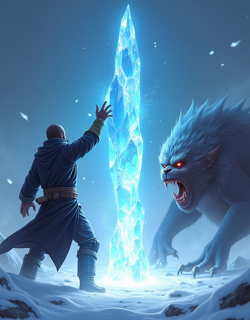 Create an illustration of a powerful ice spell in action. A mage stands with one hand raised, conjuring a sharp fragment of ice that hovers in the air, glowing with a cold, bluish light. The shard of ice is detailed with jagged edges and frost patterns, ready to be launched. The background suggests a cold, wintry environment with snowflakes swirling around. The target, a menacing creature within range, is in the mage's line of sight, its expression showing fear or determination as it faces the incoming ice shard. The scene is dynamic, capturing the moment just before the ice is unleashed