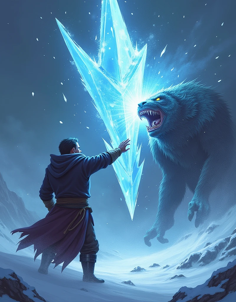 Create an illustration of a powerful ice spell in action. A mage stands with one hand raised, conjuring a sharp fragment of ice that hovers in the air, glowing with a cold, bluish light. The shard of ice is detailed with jagged edges and frost patterns, ready to be launched. The background suggests a cold, wintry environment with snowflakes swirling around. The target, a menacing creature within range, is in the mage's line of sight, its expression showing fear or determination as it faces the incoming ice shard. The scene is dynamic, capturing the moment just before the ice is unleashed