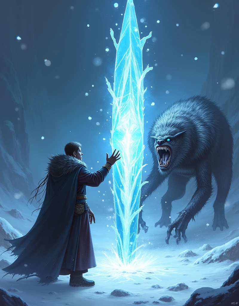 Create an illustration of a powerful ice spell in action. A mage stands with one hand raised, conjuring a sharp fragment of ice that hovers in the air, glowing with a cold, bluish light. The shard of ice is detailed with jagged edges and frost patterns, ready to be launched. The background suggests a cold, wintry environment with snowflakes swirling around. The target, a menacing creature within range, is in the mage's line of sight, its expression showing fear or determination as it faces the incoming ice shard. The scene is dynamic, capturing the moment just before the ice is unleashed