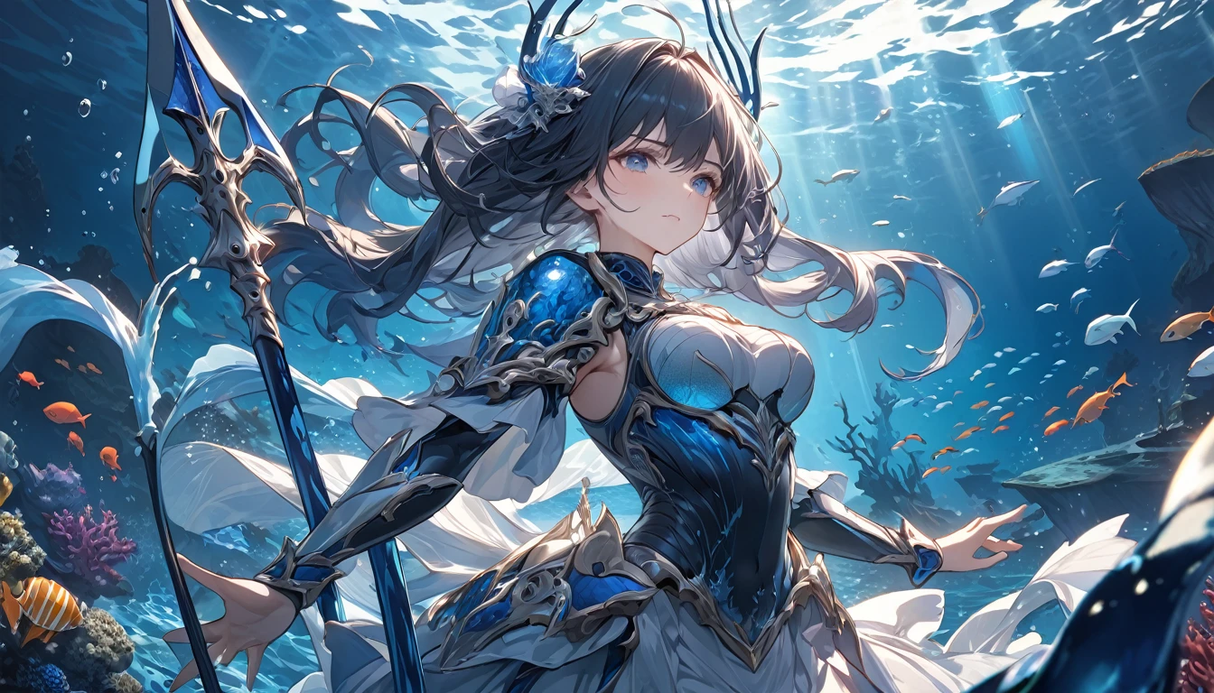 **194. One person。Deep sea warriors battle scene。Dark deep sea world。Cowboy shot or close-up。
masterpiece, best quality, ultra detailed (Detailed fingers), (Emotional), (Breathtakingly beautiful),
(main part: 1.2 Whole body。), (Anime Style), (Very detailed), (Mysterious and overwhelming),
(超High resolution, High resolution), (8k), (High resolution: 1.2), (Complex and beautiful: 1.2)**girl。
- background: Darkness of the deep sea、A mysterious world filled with glowing marine life。
- Warrior of the Deep Sea: Wearing scale armor、Girl with a trident。
-pose: The moment he thrusts his trident at his enemy in the ocean current。
-expression: Mysterious and calm、An expression that embodies the serenity of the deep sea。
- Effects: The light emitted by the trident and the surrounding marine life create a fantastic effect.。
-color: Deep blue and light white、A contrast that combines the mystery and power of the deep sea。