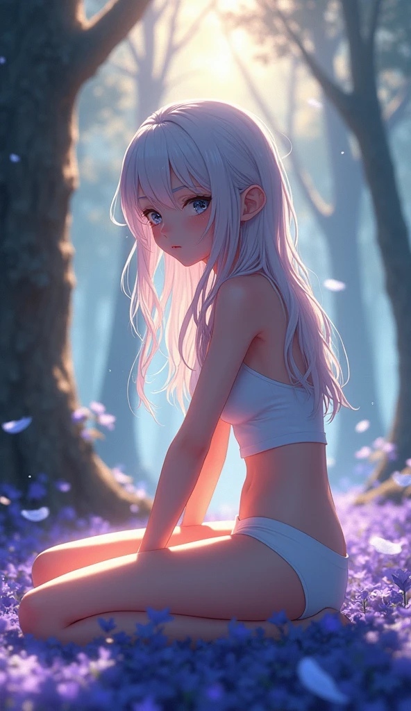 (((A medium view)) of an anime teen girl, (sitting down in a (forest), (((strong sunlight))), cinematic light, slim body, skin is perfectly white, soft, and smooth, ((legs stretched straight)), Extremely delicate and beautiful CG illustration, best quality, high resolution, dynamic angle, full-length lens, (1 girl), floating, soft light, high-key lighting), glowing light, purple halo, feathers fluttering background, blue crystal, (((wearing nothing but a white (pure) (transparent) tank top))), ((very cinematic))