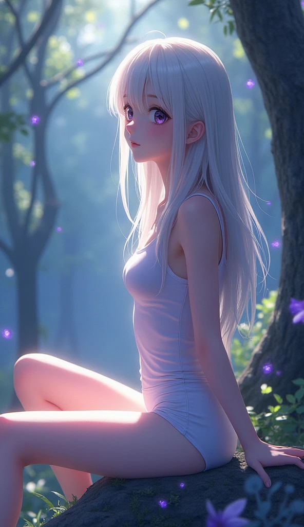 (((A medium view)) of an anime teen girl, (sitting down in a (forest), (((strong sunlight))), cinematic light, slim body, skin is perfectly white, soft, and smooth, ((legs stretched straight)), Extremely delicate and beautiful CG illustration, best quality, high resolution, dynamic angle, full-length lens, (1 girl), floating, soft light, high-key lighting), glowing light, purple halo, feathers fluttering background, blue crystal, (((wearing nothing but a white (pure) (transparent) tank top))), ((very cinematic))