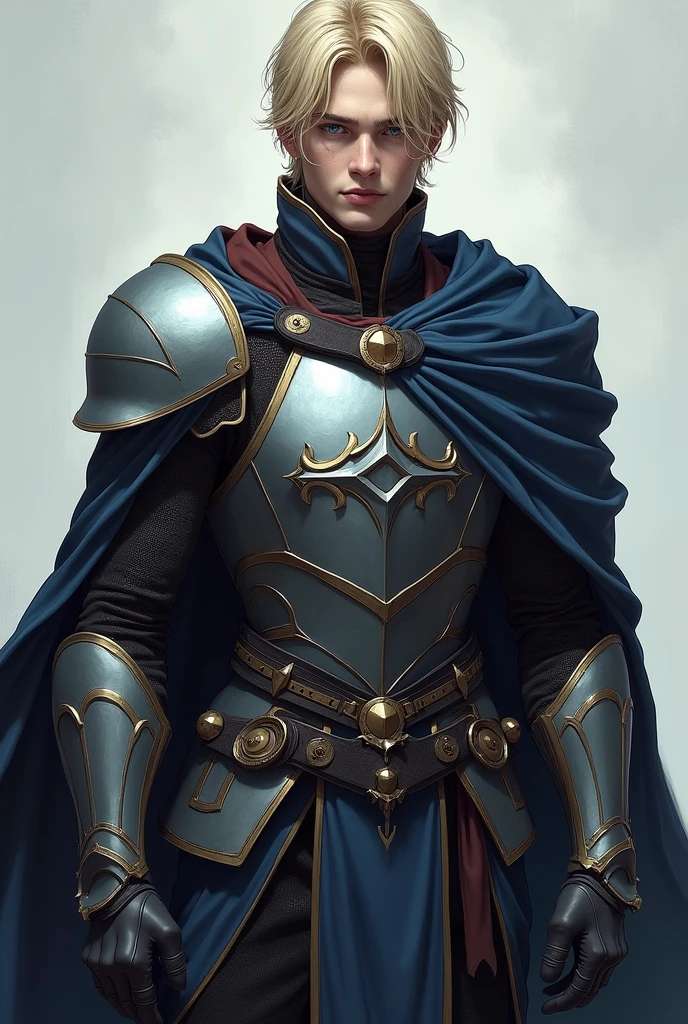 work of art, best qualityer, 1 men, grown-up, male focus, standing alone, medium blonde hair, vibrant blue eyes, mitts, looking ahead at viewer, cape, High quality metallic texture, Semi-metallic armor, cloused mouth, black metalic mitts, trunk, bangss, high collar,(kbxl:0.6), Fantasy aesthetic, highy detailed