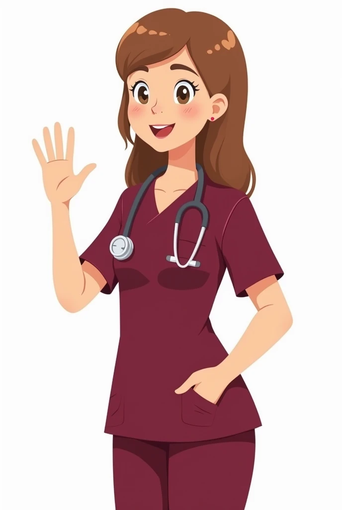 a female doctor in a maroon uniform waving ,animated with white background





